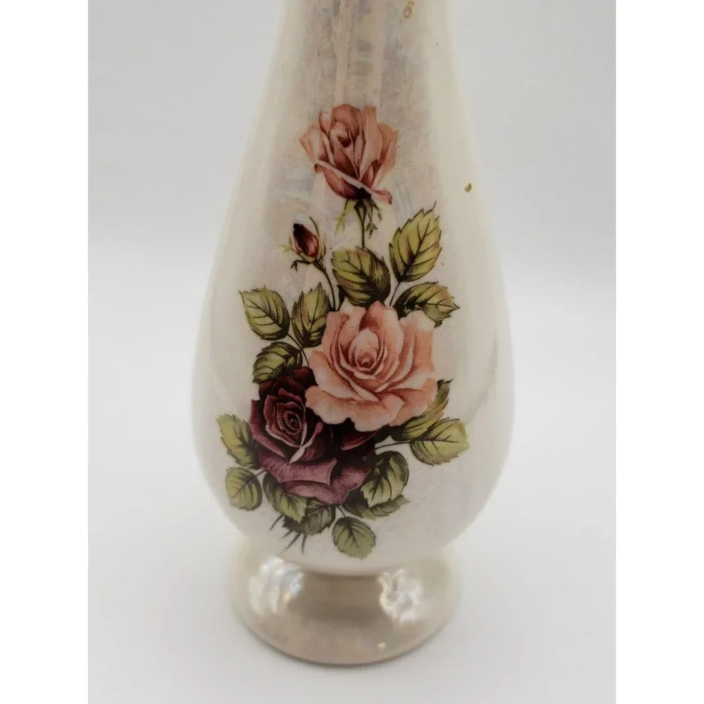 VTG Antique Iridescent Pink Rose Floral Single Stem Bud Vase Signed Fay's Cerami
